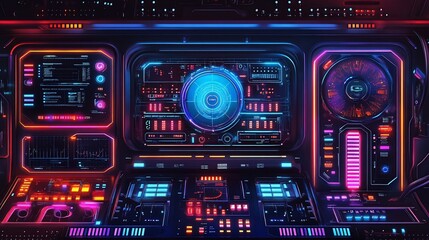Futuristic control panel, spaceship interior, neon lights, digital interface, sci-fi background, perfect for tech or gaming projects