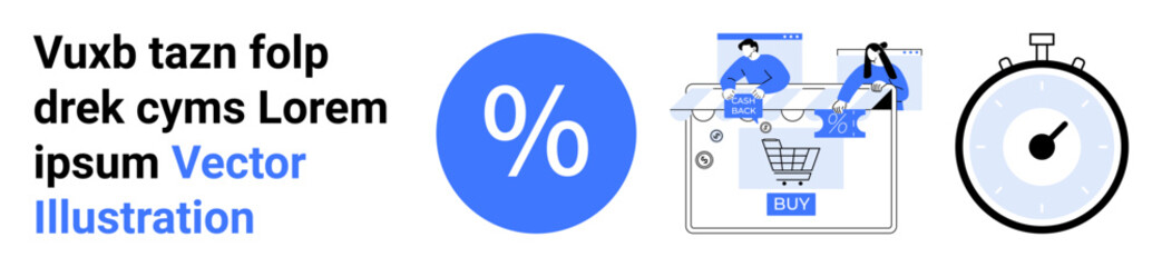 Two individuals shopping online, a discount percentage icon, text elements, and a stopwatch. Ideal for e-commerce, discount promotions, teamwork, efficiency, time tracking marketing productivity