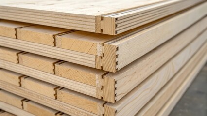 A closeup shot of the interlocking edges of two stacked CLT panels demonstrating their engineered connection points. The tight fit and precision crafting underscore the structural