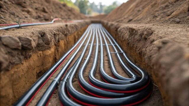 A closeup shot of geothermal loops being carefully p into a trench displaying the smooth coiled pipes designed for energyefficient heat exchange with the ground.