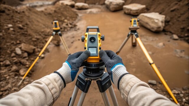 A closeup shot of a workers gloved hands holding surveying tools with a muddy ground surface and tered rocks in the foreground indicative of the preconstruction assessment process.
