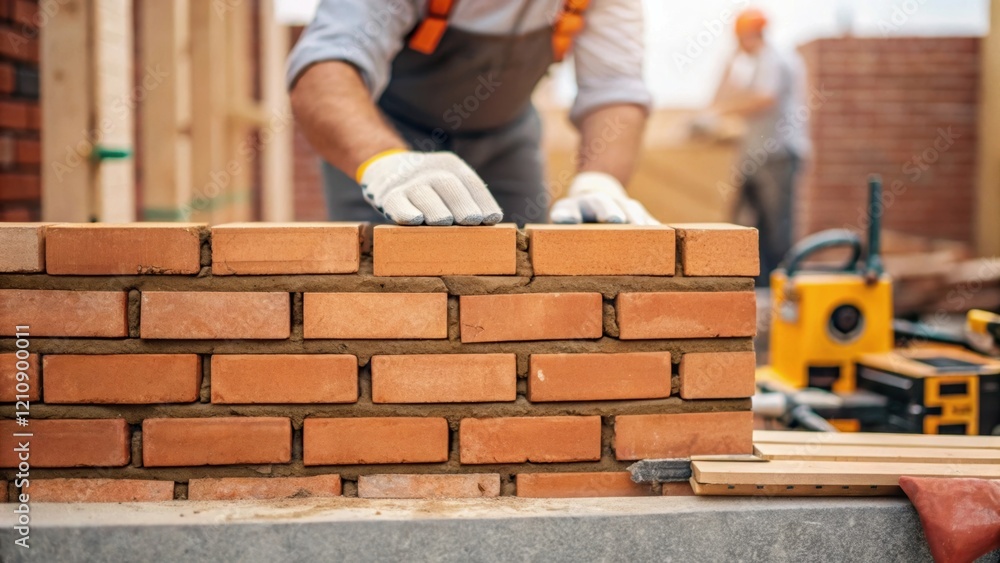 Poster A closeup view of a bricklayer meticulously placing bricks in a wall illustrating the blend of traditional craftsmanship and modern building techniques within the mixeduse project.