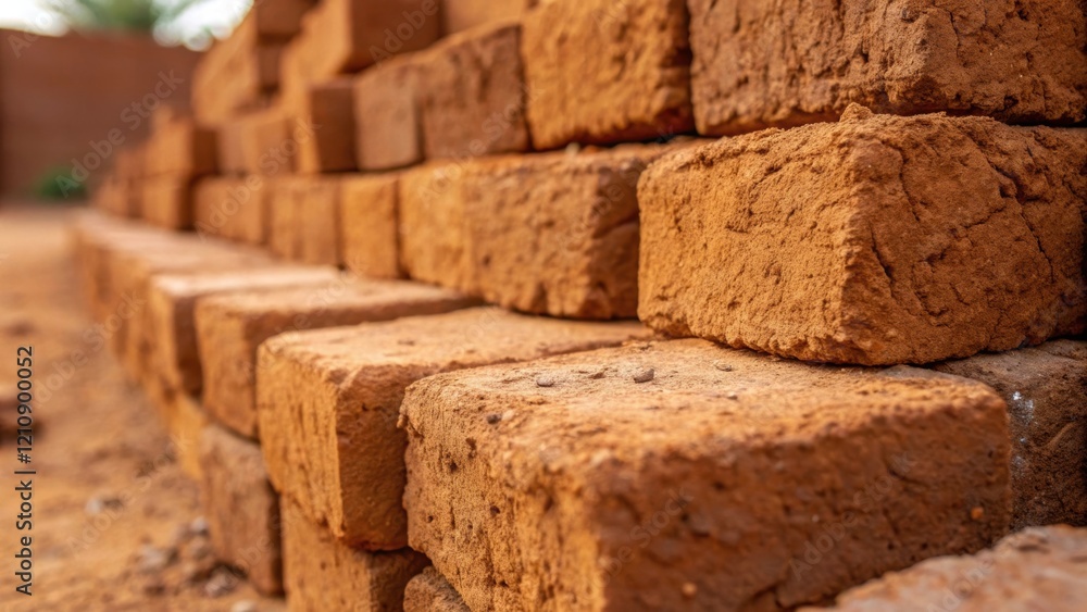 Poster A closeup view of adobe bricks with a focus on their earthy texture and rich colors illustrating how natural clay and straw are combined to create durable building materials used