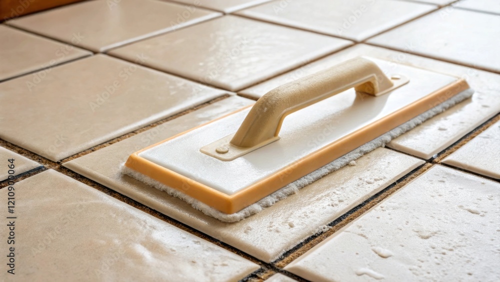 Poster A closeup view of a grout float pressed against the tiles showcasing the slight pressure applied as it pushes the grout into place with tile edges sharply defined against the