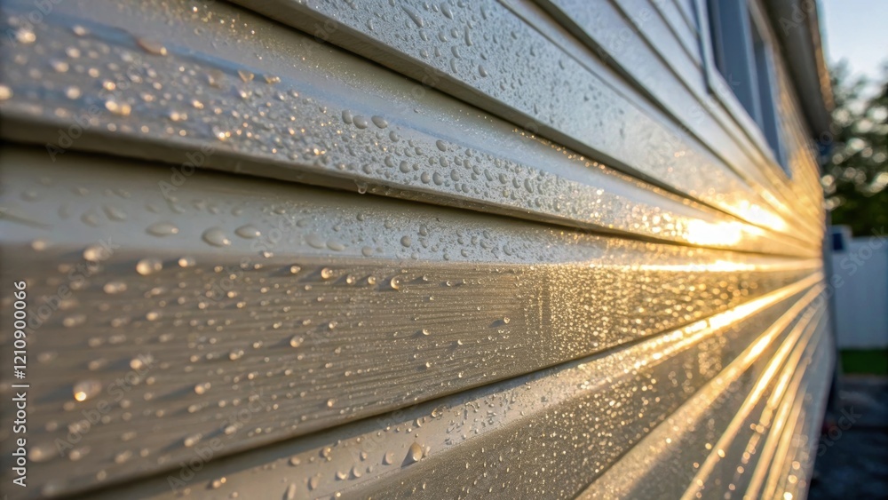 Poster a closeup view of a freshly installed section of siding glistening in the sunlight with water drople