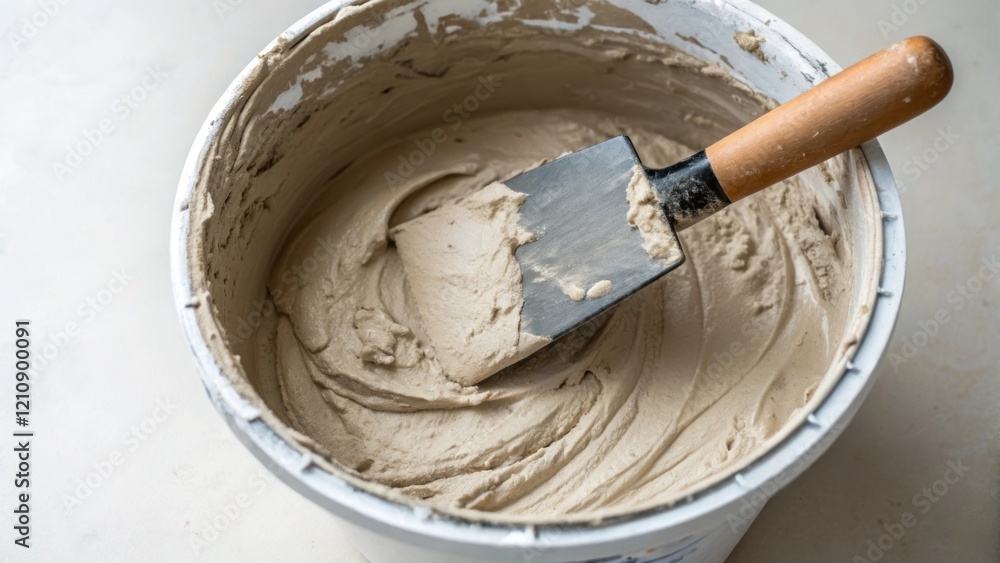 Poster A closeup view of a mixing bucket filled with freshly prepared plaster with a trowel partially submerged highlighting the thick uniform texture of the mixture.