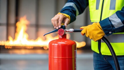 A closeup view of a fire extinguisher being used by a worker in safety gear hands steady as they demonstrate proper technique with flames simulated in a controlled environment in