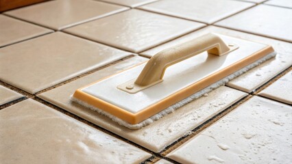 Obraz premium A closeup view of a grout float pressed against the tiles showcasing the slight pressure applied as it pushes the grout into place with tile edges sharply defined against the