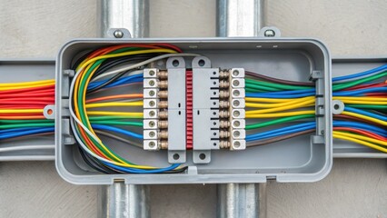 A closeup view of a junction box od up revealing a tangle of colorful electrical wires neatly organized and connected illustrating the complexity of electrical systems.