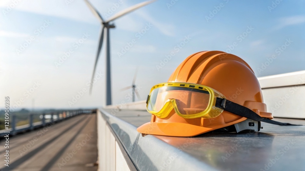 Poster A closeup view of safety gear including a hard hat and protective goggles resting on the edge of the building with a wind turbine blade in the background signifying the emphasis on