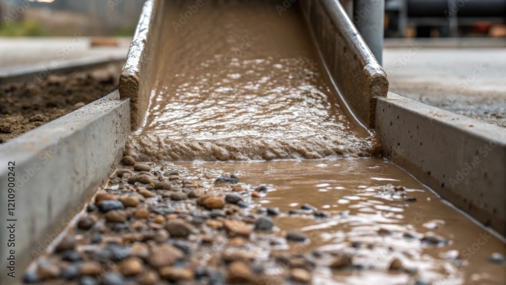 Poster A closeup view of concrete pouring from the chute capturing the rich textured surface of the wet mix as it spreads across the foundation area with small stones visible within.