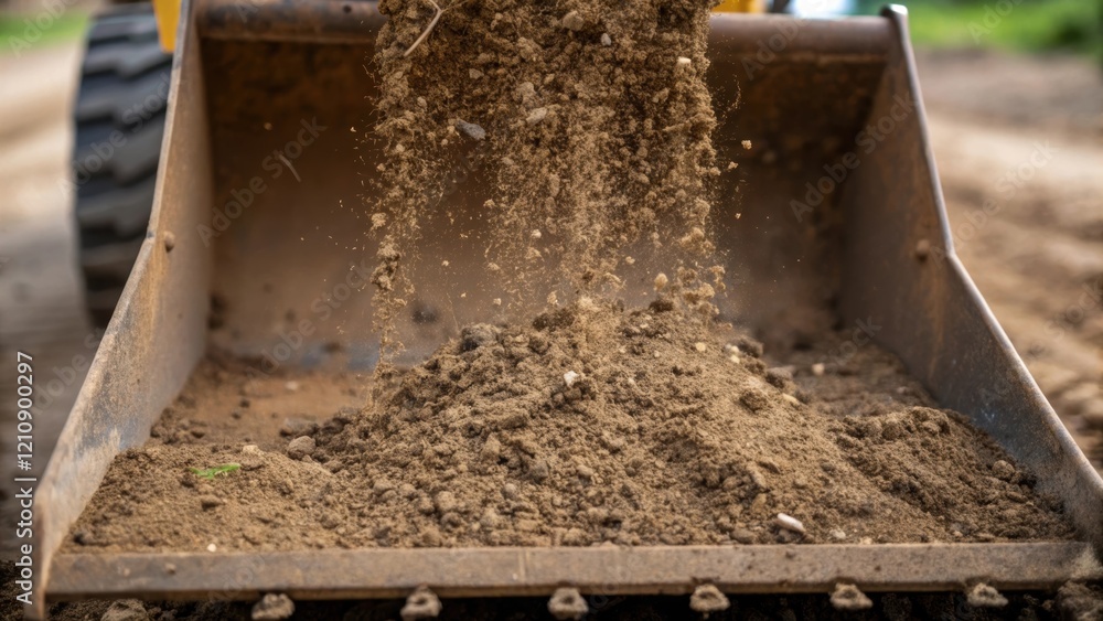 Poster a closeup view of the dirt cascading from the backhoes bucket showing the individual grains mingling