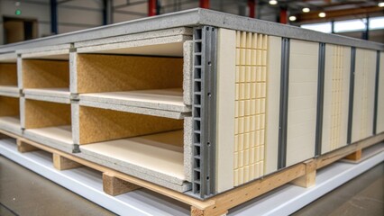 A closeup view of the crosssection of a modular unit revealing layers of insulation structural framing and interior finishes that contribute to energy efficiency and stability.