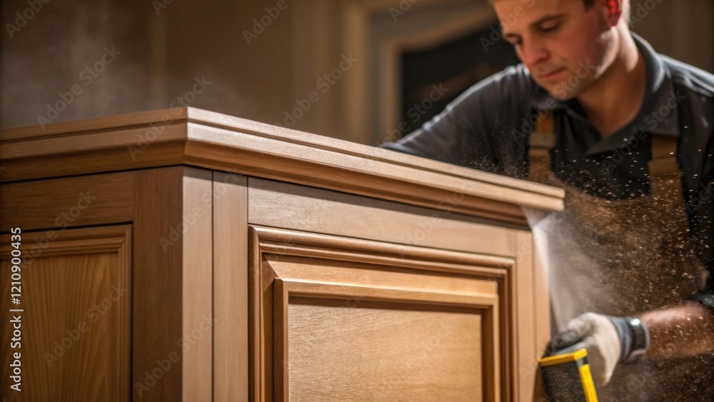 Poster a craftsman smoothly sanding the edges of a cabinet to achieve a flawless finish with fine dust part