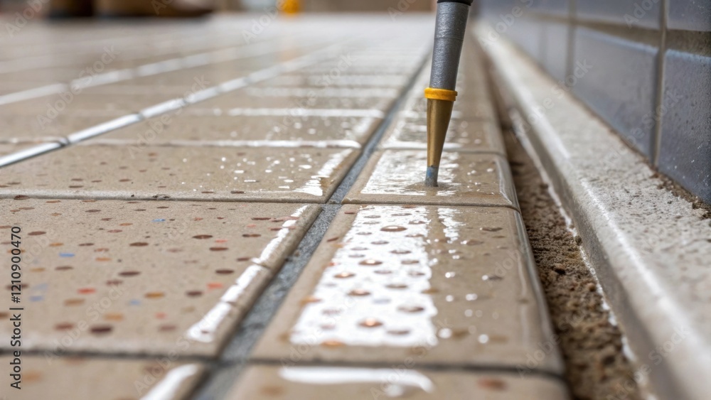 Aufkleber A detailed closeup of a grout line being smoothed with a small tool capturing the fluidity of the grout as it fills narrow gaps with specks of tile color reflecting in the wet