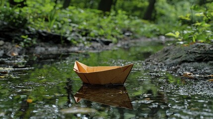 A whimsical view of a paper cup boat floating in a puddle.