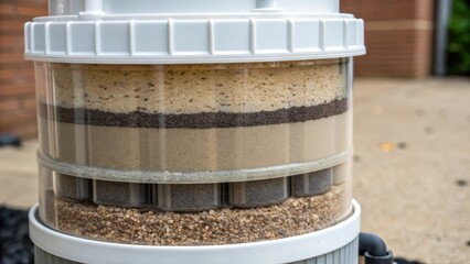 A detailed closeup of a greywater filter tank showcasing layers of sand gravel and carbon used for purification. The interplay between different materials highlights the natural