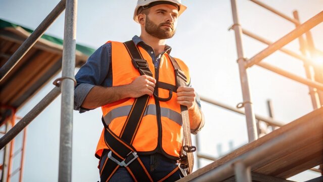 A construction worker adjusts his safety harness while standing atop a scaffold the orange vest gleaming under sunlight emphasizing the importance of height safety.