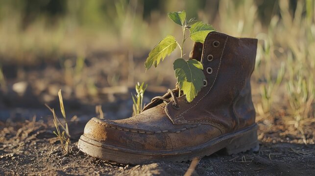A whimsical sight of a tiny plant sprouting from a weathered shoe.