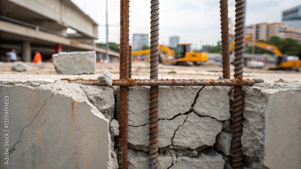 Poster A detailed shot of fractured concrete and rebar exposed by the ongoing demolition showcasing the inner workings of a oncesy wall now rendered vulnerable.