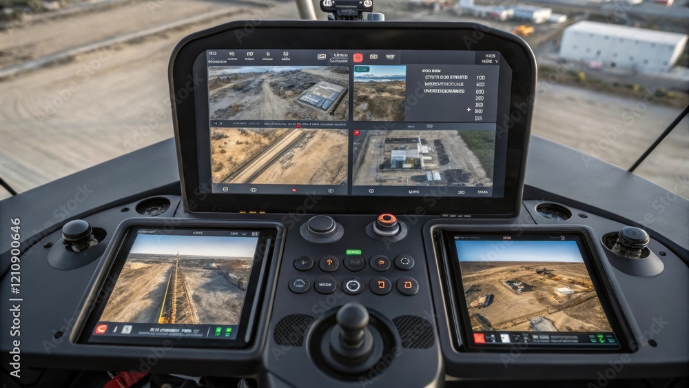 Poster A detailed view inside a drones control panel with various screens displaying realtime data and aerial footage of the construction site emphasizing advanced monitoring