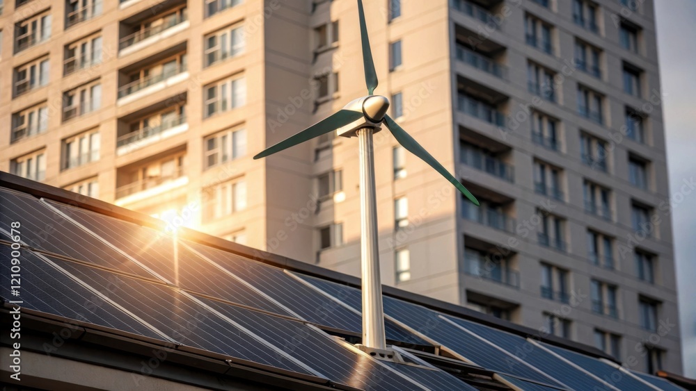 Poster a detailed view of a compact wind turbine set atop a residential apartment building with sunlight re
