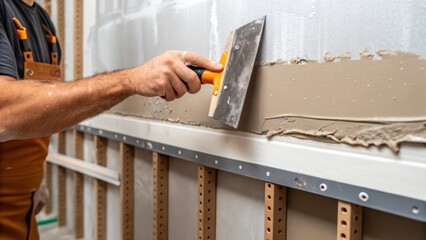 A detailed shot of a worker applying joint compound to seams with a wide putty knife with droplets of mud catching the light emphasizing the craft of finishing drywall.