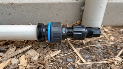 A detailed view of a sprinkler head being connected to a PVC pipe showcasing the intricate threads and fittings with metal shavings and installation debris tered around.
