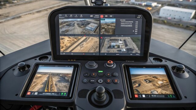 A detailed view inside a drones control panel with various screens displaying realtime data and aerial footage of the construction site emphasizing advanced monitoring