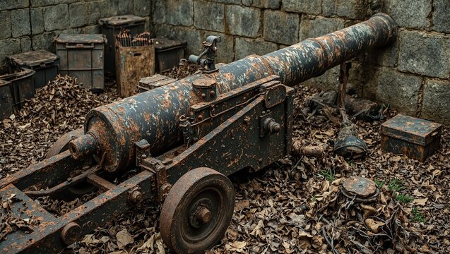 Vintage trench mortar with rust shells and crates
