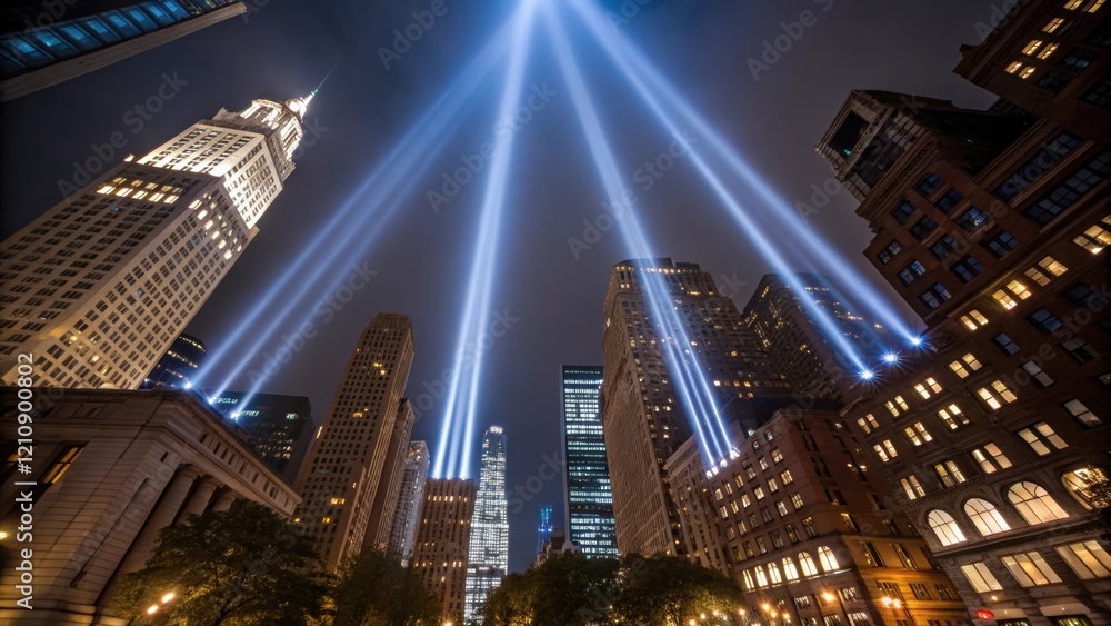 Aufkleber A dynamic medium closeup showcasing a of tall structures where beams of light shoot from rooftop searchlights slicing through the night sky and creating a dramatic urban