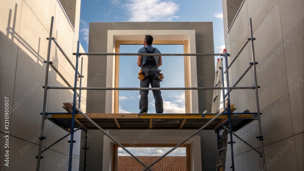Aufkleber A dynamic shot of a worker standing on a scaffold surrounded by tools and materials looking up at a window being lowered into place capturing the height of the building.