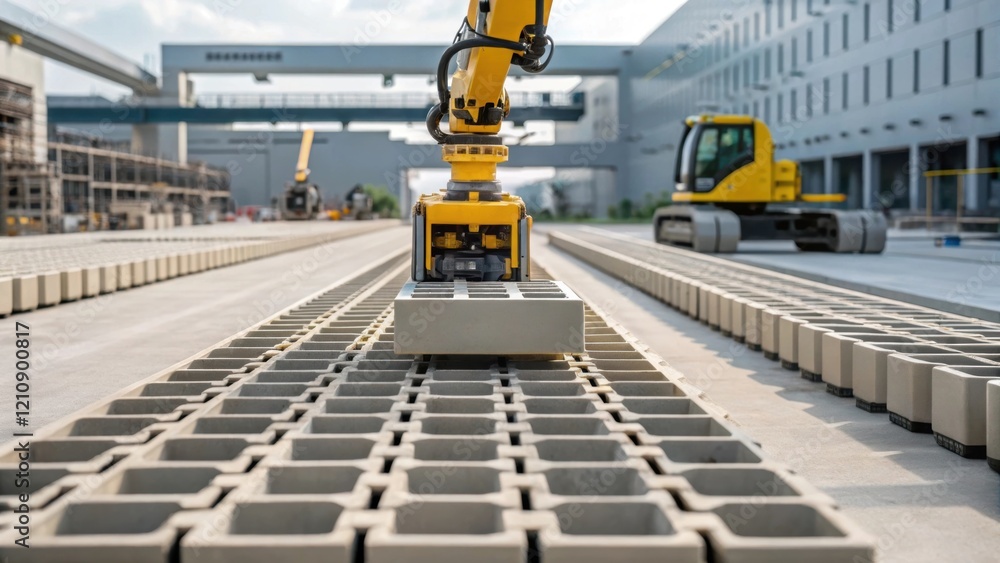 Aufkleber A dynamic view of a robot systematically pouring concrete into a series of customized molds emphasizing the mechanical efficiency and repetitive accuracy of automated construction