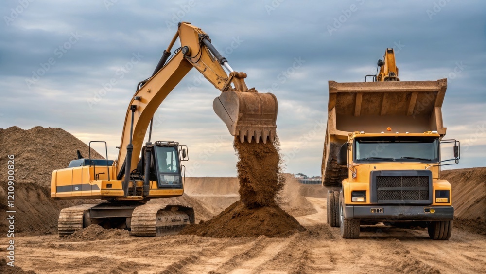 Poster A dynamic view of several large machinery pieces working concurrently with an excavator scooping out earth while a dump truck waits nearby to load the excavated material