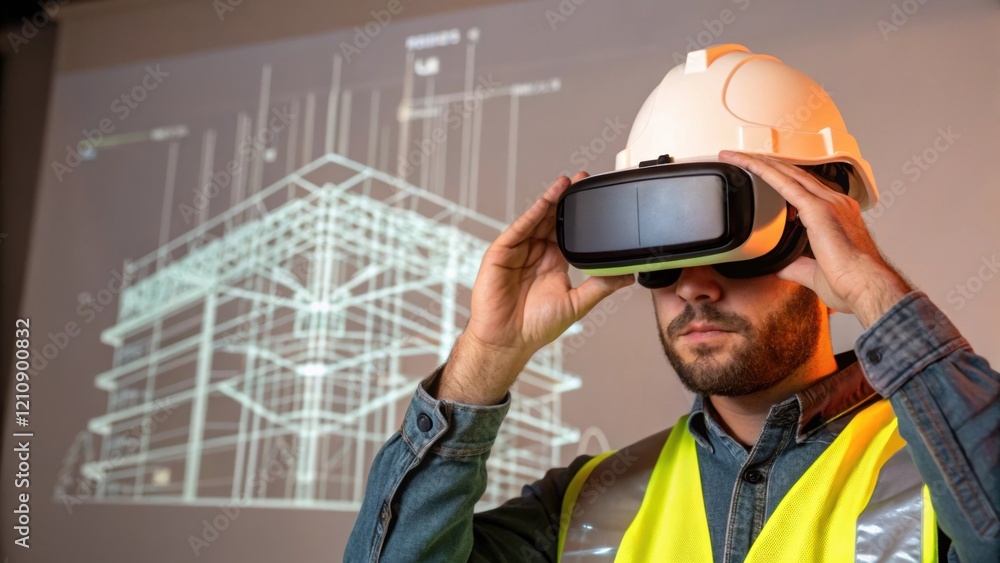 Aufkleber A focused image of a construction worker adjusting their VR headset with a projection of a complex building framework visible in the background illustrating the importance of