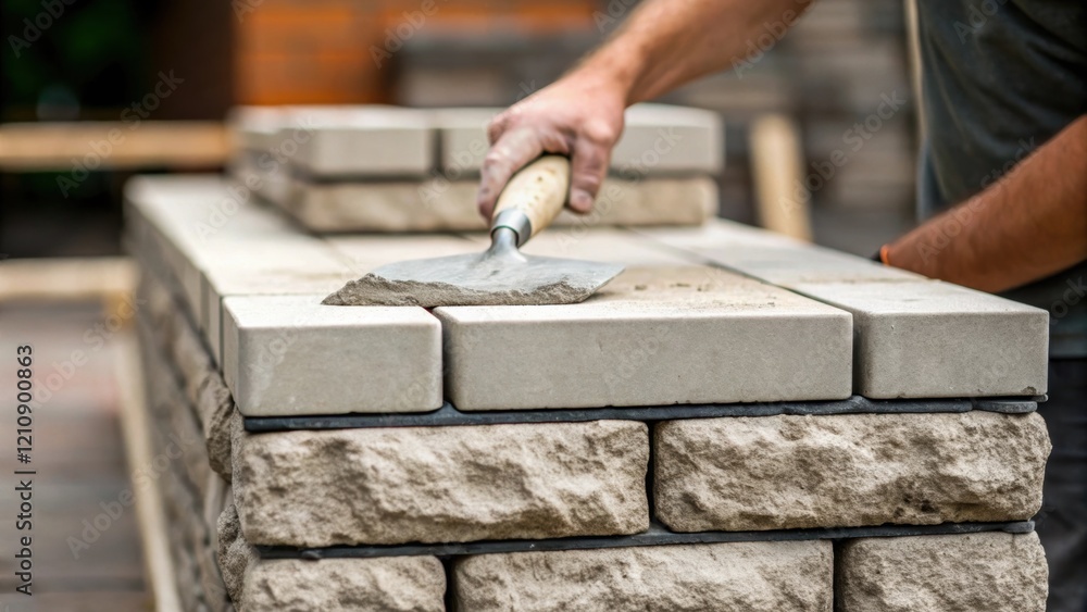 Poster A focused shot of mortar being spread on the top of a neatly arranged stone block with a masons hand smoothing it out displaying the meticulous attention to detail required in
