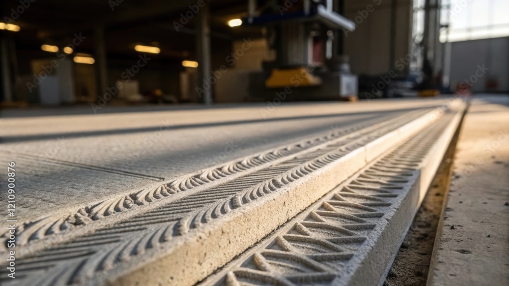 Aufkleber A focused view of the seamless joints between printed layers of concrete demonstrating the precision of the 3D printing technique. The light casts shadows that accentuate the fine