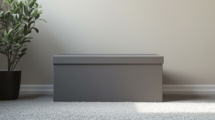 A photorealistic image of a large matte gray storage box with a hinged lid and clean lines
