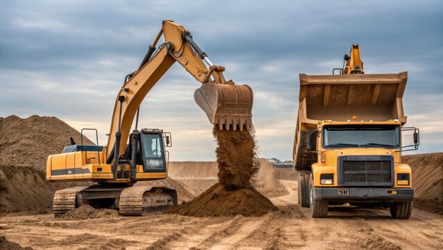A dynamic view of several large machinery pieces working concurrently with an excavator scooping out earth while a dump truck waits nearby to load the excavated material