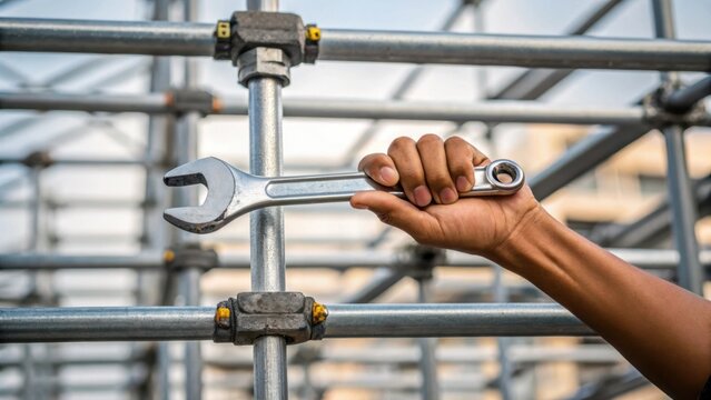 A focused image of a participants hands skillfully using a wrench to tighten bolts on a construction scaffold illustrating the practical application of technical skills learned in
