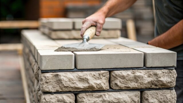 A focused shot of mortar being spread on the top of a neatly arranged stone block with a masons hand smoothing it out displaying the meticulous attention to detail required in