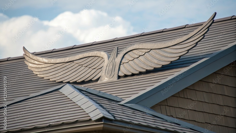 Poster A medium closeup capturing the flowing lines of a roof that echoes the shape of a birds wings in midflight conveying a sense of movement and grace while optimizing airflow for