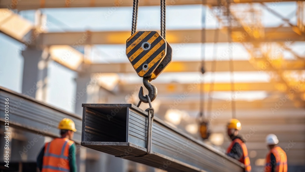 Poster A medium closeup capturing the delicate maneuvering of a cranes hook positioned above the site ready to lift a massive steel component while workers coordinate from below.