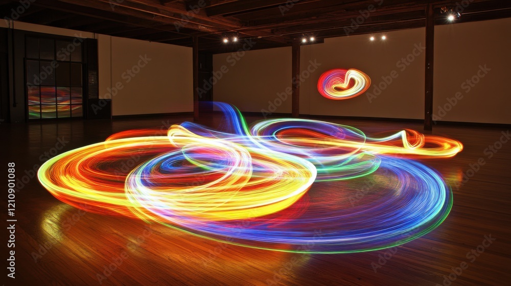 Poster vibrant light trails creating abstract patterns in a dark gallery space with wooden flooring and cre