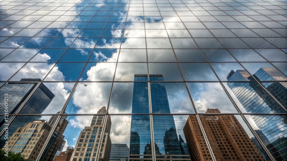 Poster A medium closeup emphasizes the reflective surfaces of the skyscraper capturing the distorted reflections of the sky and surrounding buildings creating an abstract tapestry of