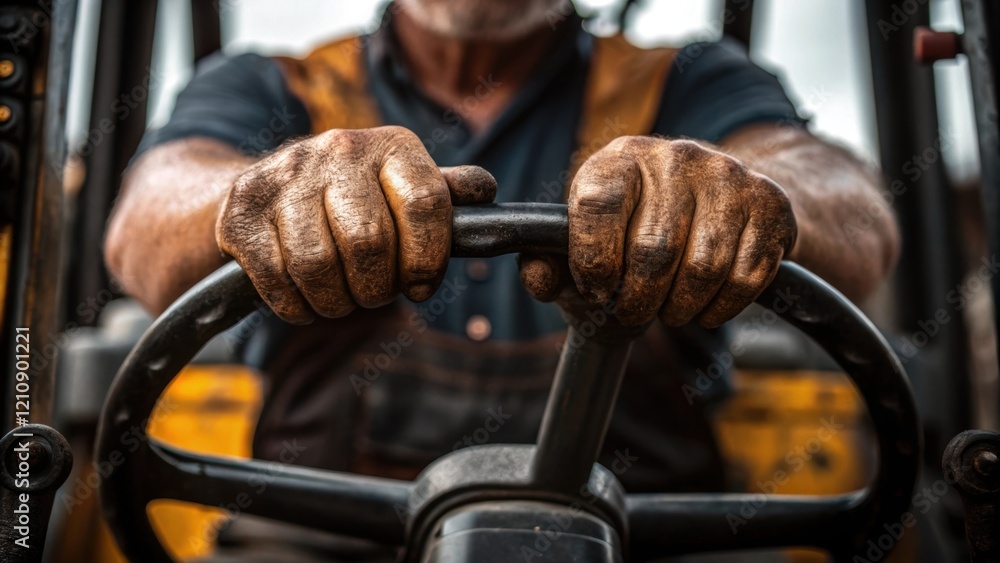 Aufkleber A medium closeup depicting the operators hands gripping the controls with sweat and dirt visible conveying the hard work and skill involved in managing the heavy machinery.