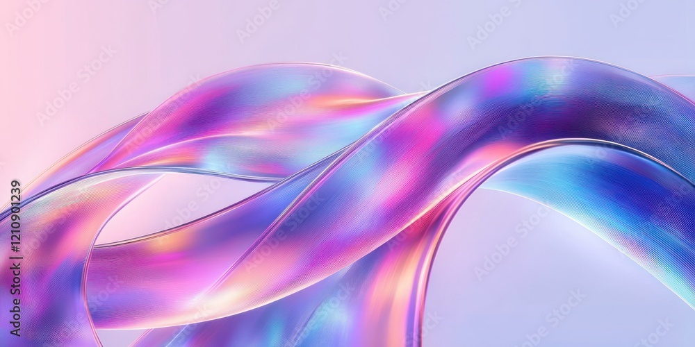 Poster futuristic abstract art with iridescent ribbons and smooth curves on light background 3d render