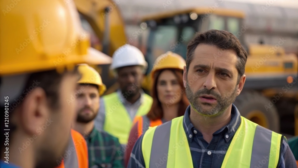 Fototapete A medium closeup capturing the safety officer discussing safety protocols with a group of workers capturing their attentive expressions and the tense environment of heavy machinery
