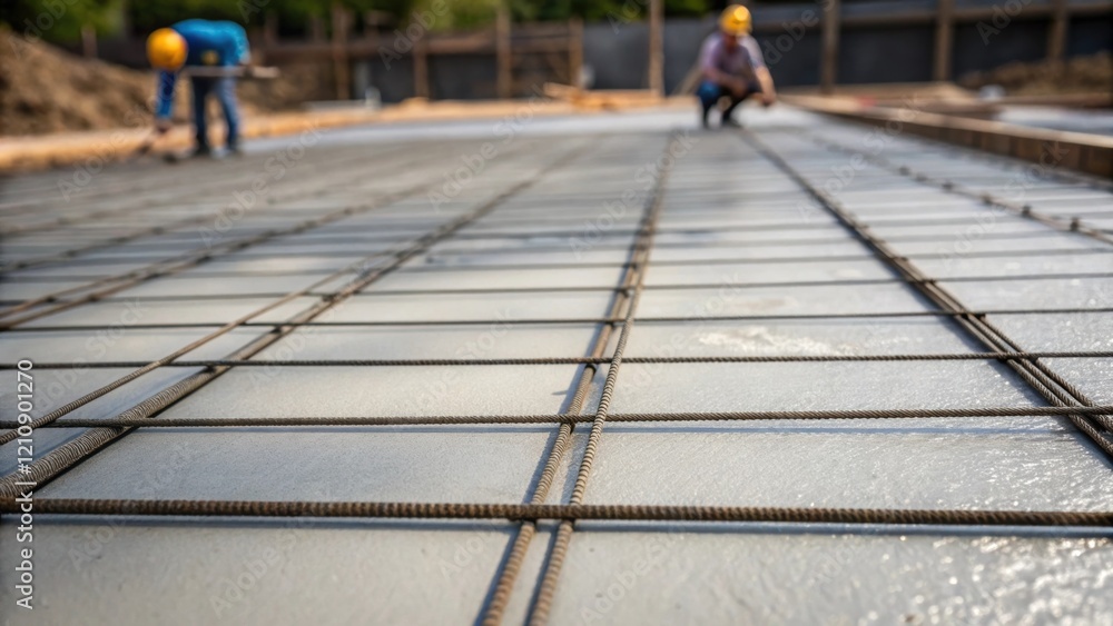 Aufkleber A medium closeup centers on the carefully laid rebar grid embedded in freshly poured concrete representing the structural integrity foundation of the ongoing project while small