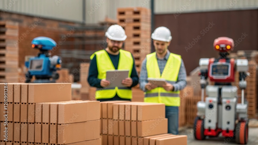 Aufkleber A medium closeup featuring a team of engineers observing the robots operation from a distance surrounded by bricks and construction materials showcasing collaboration between human